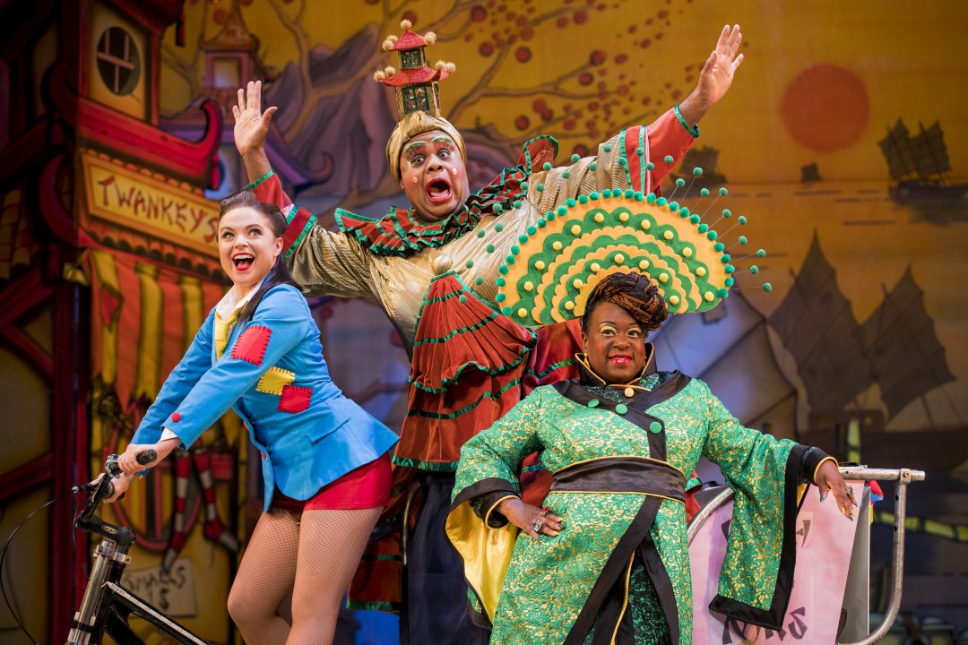 LONDON, ENGLAND - NOVEMBER 27: Gemma Sutton as Aladdin, Clive Rowe as Widow Twankey and Tameka Empson as The Empress pose during a photocall for Hackney Empire's 20th Anniversary pantomime "Aladdin" at Hackney Empire on November 27, 2018 in London, England. (Photo by Tristan Fewings/Getty Images)